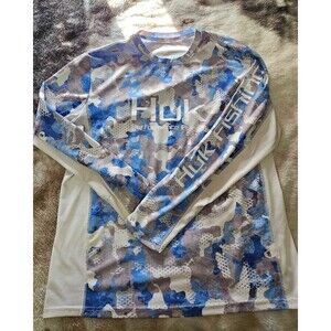 HUK Performance Fishing Shirt Mens Large Long Sleeve Blue Camo